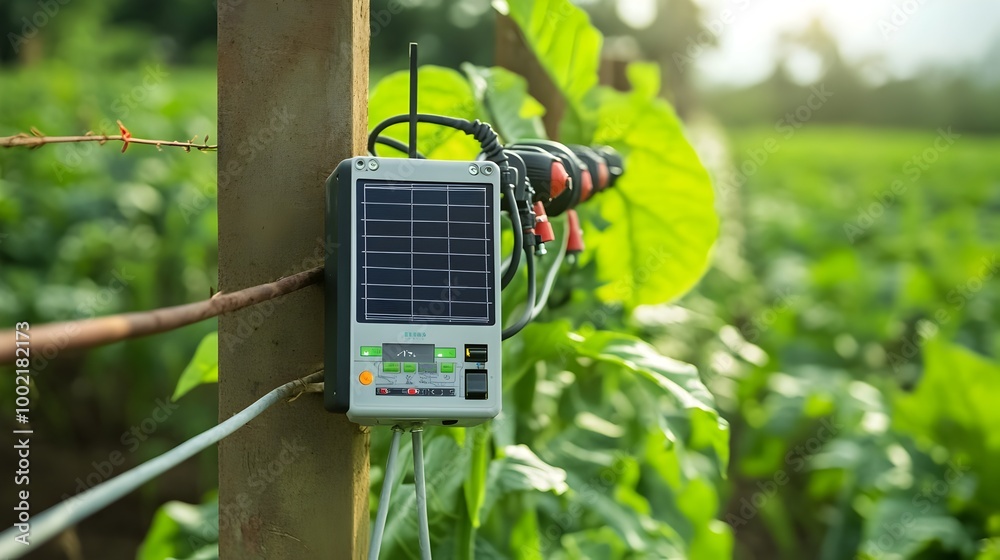 Poster Close up view of a solar powered irrigation controller device mounted on a farm fence showcasing modern technology that promotes sustainable and efficient agricultural practices in the countryside