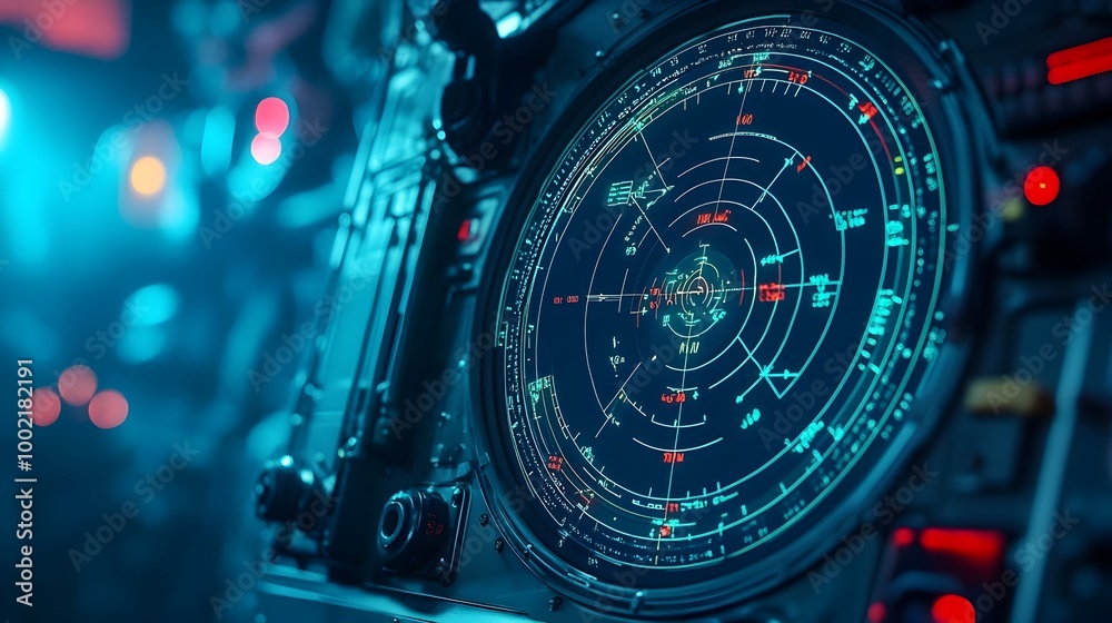 Fototapete close up view of a sophisticated submarine radar screen displaying real time data about underwater a