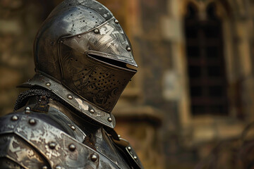 Fototapeta premium A fantastic royal knight in armor guards the castle chambers