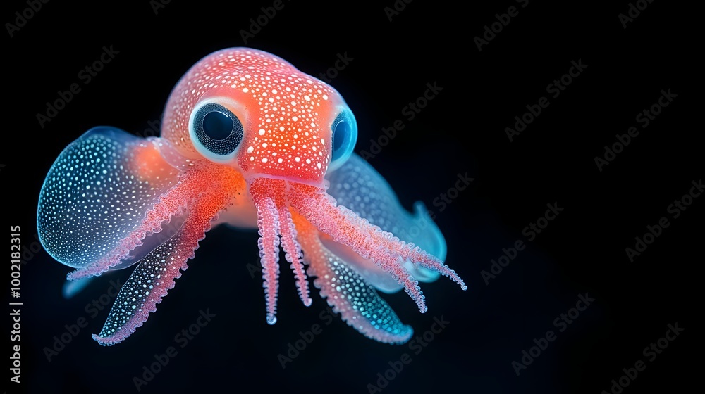 Poster Close up view of a vibrant red hued vampire squid with its bioluminescent tentacles illuminating the deep sea environment it inhabits