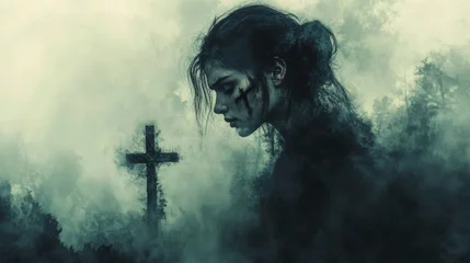 Tableau sur plexiglas  A sorrowful woman standing before a cross in a misty and desolate forest.  © Digital Dreamscapes