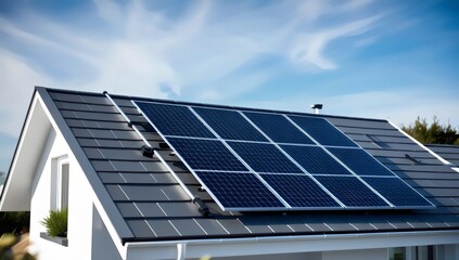 Naklejka premium Modern Residential Home with Solar Panels Installed on Roof for Sustainable Energy Production and Eco-Friendly Power Solutions in a Clean Energy Efficient Building