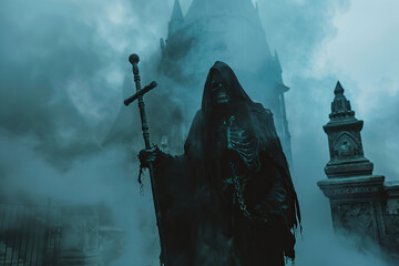 Scary grim reaper with scythe in hell on dark background with dramatic background