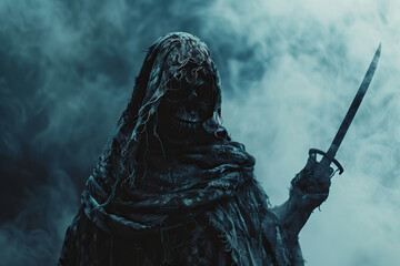 Scary grim reaper with scythe in hell on dark background with dramatic background