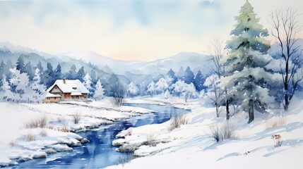 Watercolor painting of a cozy winter house surrounded by snow-covered trees, done in soft colors. Christmas winter card.