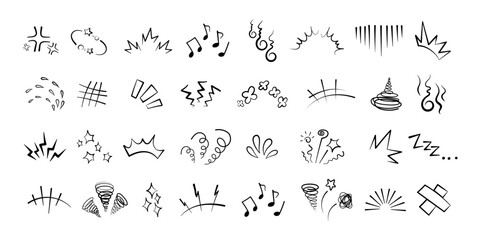 Manga or anime comic emoticon element graphic effects hand drawn doodle vector illustration set isolated on white background. Line style manga doodle line expression scribble anime mark collection.