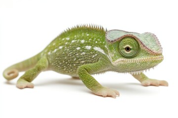 Obraz premium Chameleon Portrait. White Background with Green Lizard in Isolated Setting