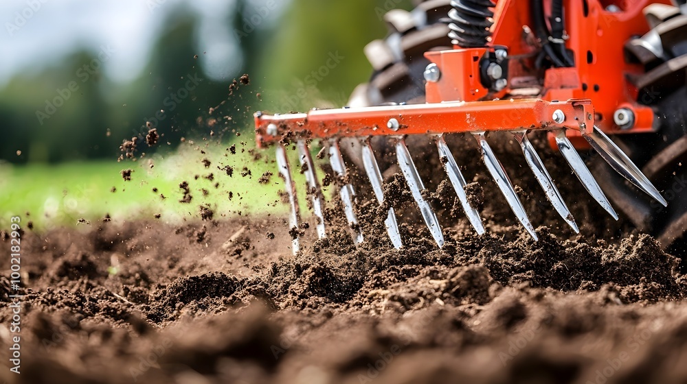 Poster close up view of an advanced soil tiller s sharp metal tines aggressively breaking up and churning t