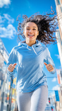 Young woman is running outside on a sunny day, feeling happy and healthy