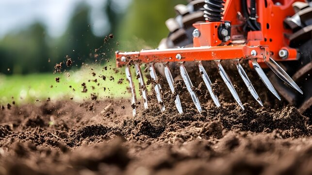 Close up view of an advanced soil tiller s sharp metal tines aggressively breaking up and churning the earth preparing the ground for cultivation and growth