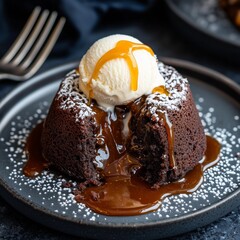 Decadent chocolate lava cake served warm with vanilla ice cream and drizzled caramel sauce, perfect for dessert lovers.