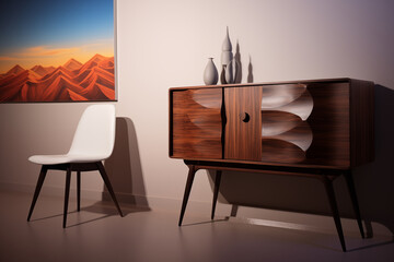 MidCentury Modern Wooden Cabinet with White Chair and Desert Landscape Painting