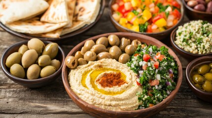Delicious Middle Eastern spread featuring hummus, olives, tabbouleh, and pita bread on a rustic wooden table.