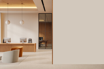Office interior with reception and waiting zone, mockup wall