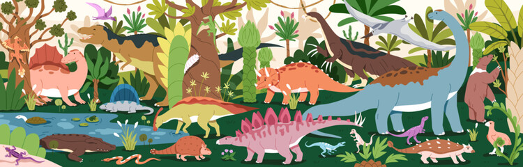Dinosaurs world, Jurassic era. Prehistoric extinct animals in ancient nature, jungle environment panorama. Different dino species, paleontology fauna, biodiversity landscape. Flat vector illustration © Good Studio