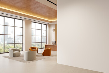 Light office interior with soft place and reception desk, window. Mockup wall