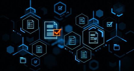 Document management system hologram with files and checkmarks