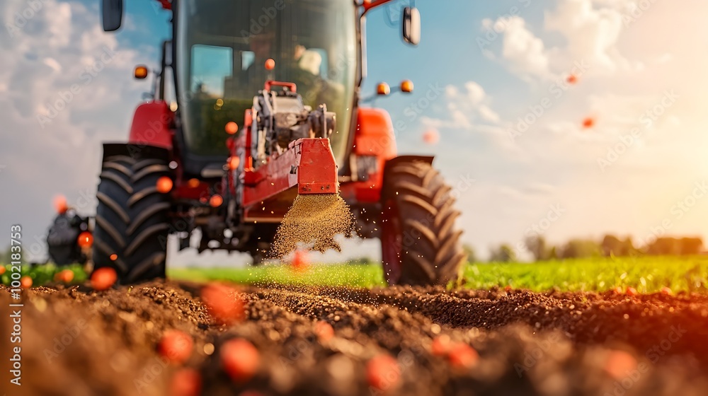 Poster Close up view of the intricate machinery of a row crop planter precisely dropping seeds into the prepared furrows of an agricultural field