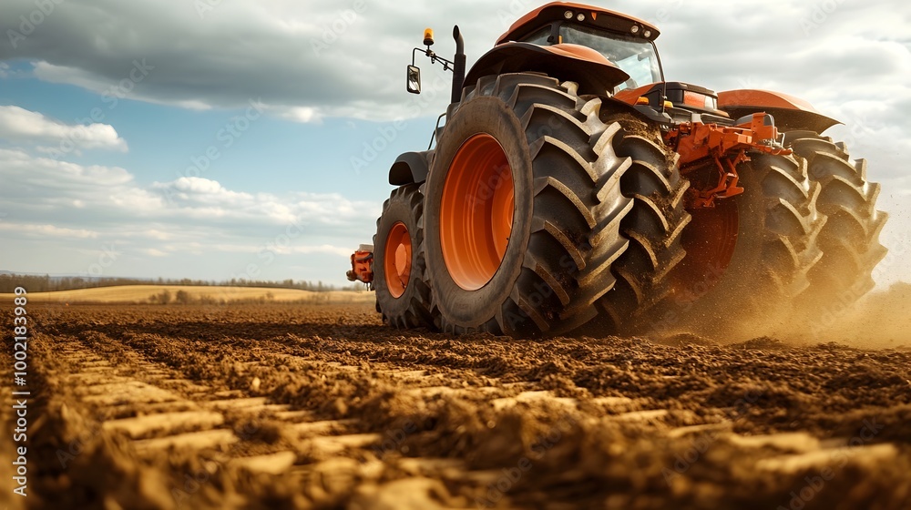 Poster Close up view of the robust heavily treaded wheels of a large agricultural tractor as it traverses across a rural dirt field showcasing the machine s power and ability to navigate challenging terrain