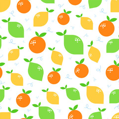 Vector seamless pattern with yellow lemon, green lime and orange