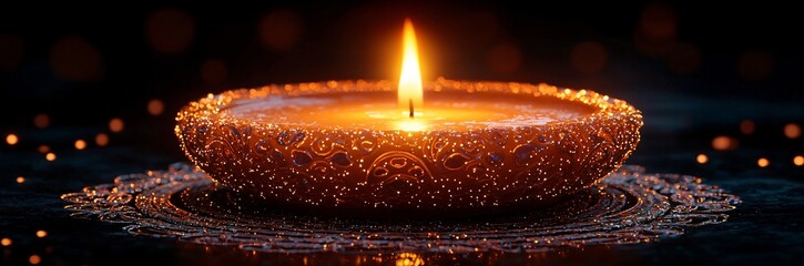 A beautifully intricate Diwali diya casting warm light, perfect for Diwali greetings, festival invitations, or decor showcasing the Hindu Festival of Lights.