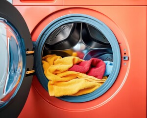 Clothes spinning in a modern washing machine, capturing the dynamic process of cleaning and refreshing fabrics