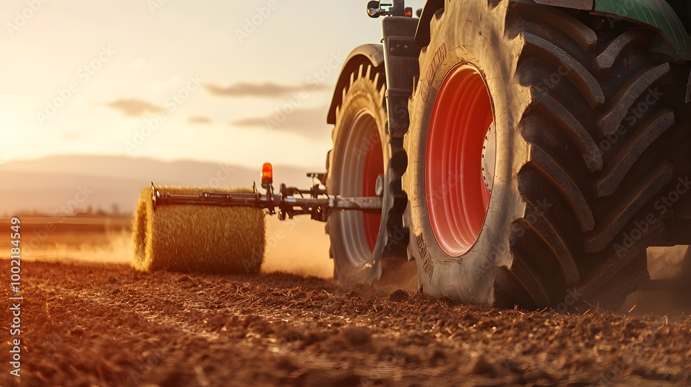 Poster close up view showcasing the power take off pto shaft of a tractor as it connects to the baler attac