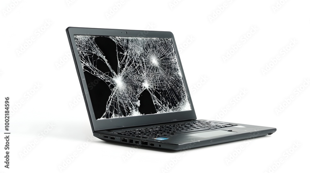 Aufkleber Closeup image of a dented and battered metal laptop with a cracked display screen and non functioning keys isolated on a plain white background  Concept of technology failure equipment malfunction