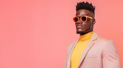 Obraz premium African American man in a beige suit and fashionable sunglasses