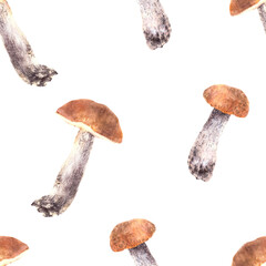 Boletus with red, orange cap seamless pattern. Watercolor hand drawn illustration. Mushrooms, wild forest edible fungi. Fall design for wallpaper, fabric, food label. Clipart isolated from background