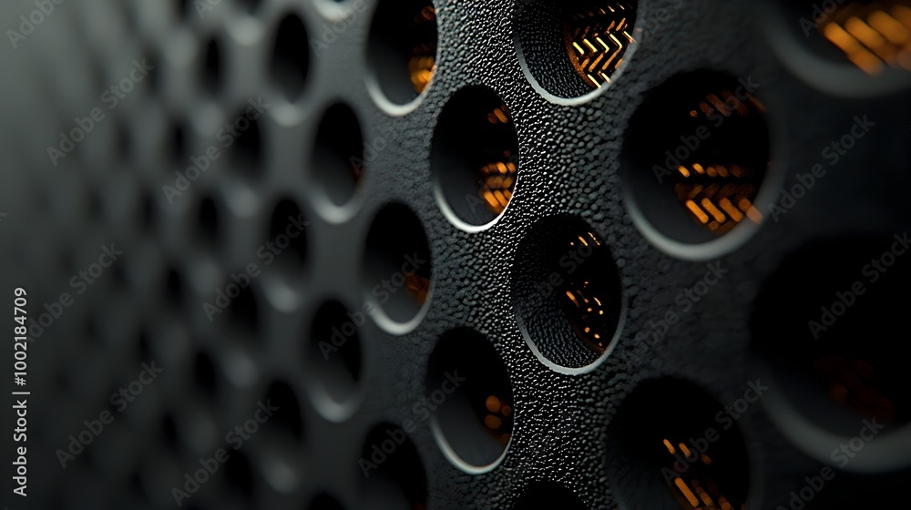 Poster Closeup Macro Photography of a Microphone Grille Showcasing the Intricate Textural Details and Geometric Pattern Softly Lit with High Contrast Lighting for a and Minimalist Aesthetic