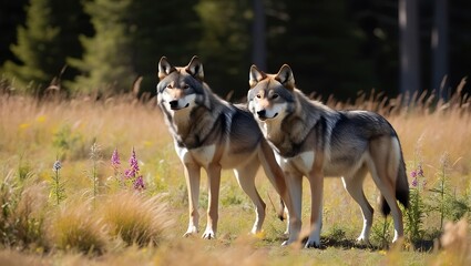 Immerse yourself in the tranquility of nature with this captivating image of a pair of wolves standing gracefully in a sunlit forest clearing. 