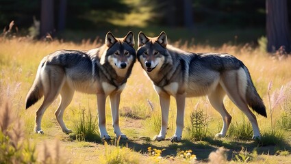 Immerse yourself in the tranquility of nature with this captivating image of a pair of wolves standing gracefully in a sunlit forest clearing. 