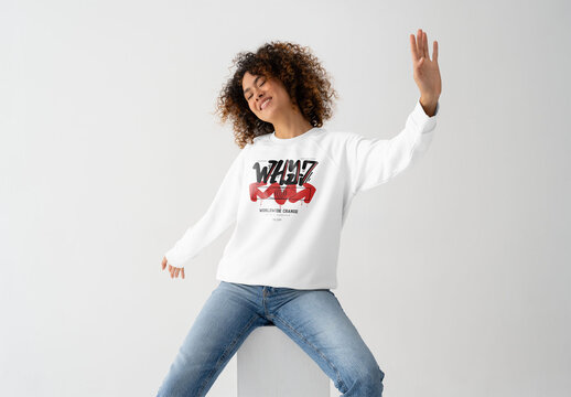 Mockup Of Woman Wearing Customized Sweatshirt In Studio