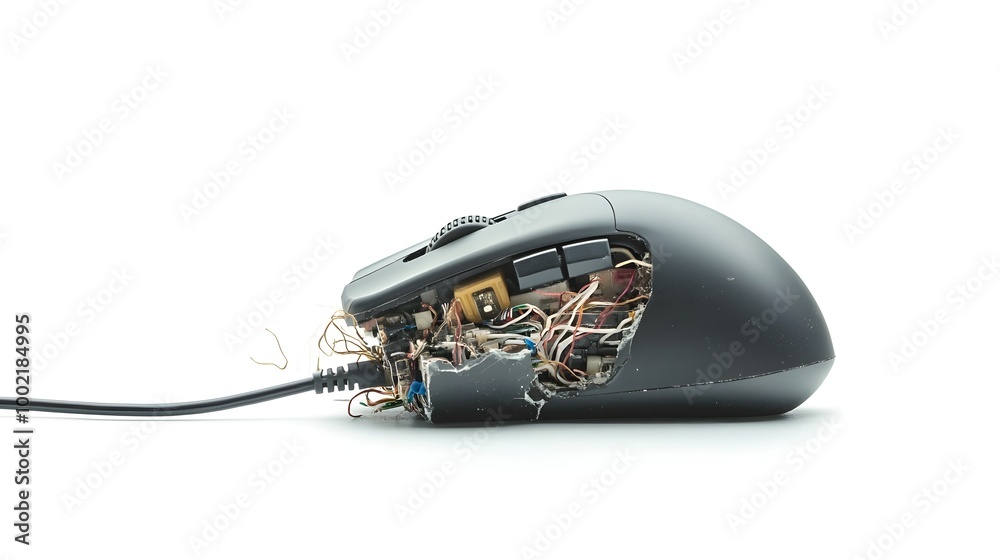 Poster Closeup of a broken and malfunctioning computer mouse with exposed wires and jammed buttons isolated on a plain white background  Concept of technology failure obsolescence