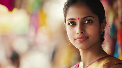 Woman wearing a pink sari with gold embroidery is smiling