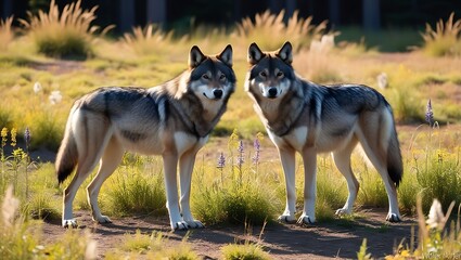 Immerse yourself in the tranquility of nature with this captivating image of a pair of wolves standing gracefully in a sunlit forest clearing. 