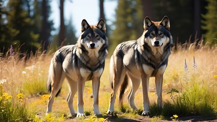 Immerse yourself in the tranquility of nature with this captivating image of a pair of wolves standing gracefully in a sunlit forest clearing. 