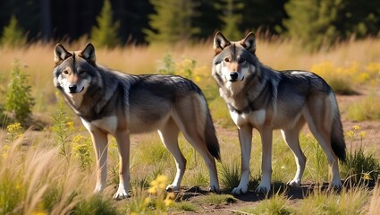 Immerse yourself in the tranquility of nature with this captivating image of a pair of wolves standing gracefully in a sunlit forest clearing. 