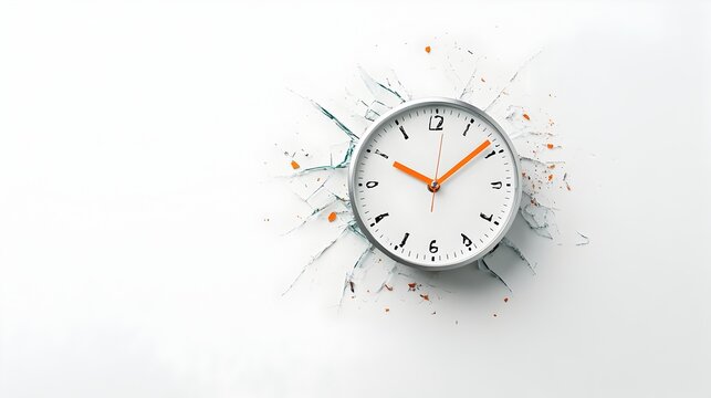 Closeup of a broken and malfunctioning clock with missing hands and a cracked glass cover isolated on a clean white background  Conceptual image representing time or device failure obsolescence