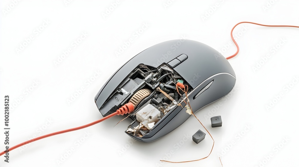 Poster Closeup of a broken and worn out computer mouse with exposed wires and jammed buttons isolated on a clean white background  Concept of technology failure malfunction and obsolescence