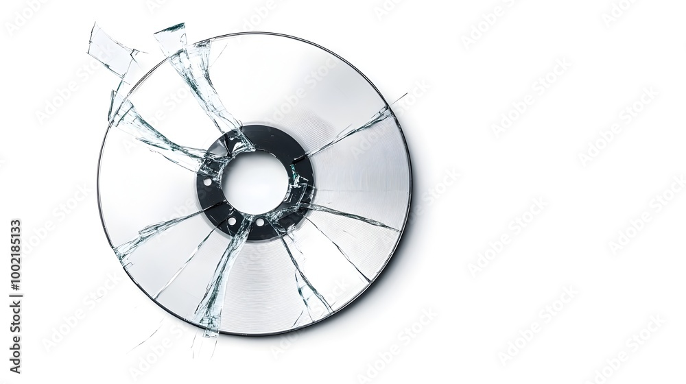 Poster closeup of a broken compact disc with cracked damaged and fragmented reflective surface isolated on 