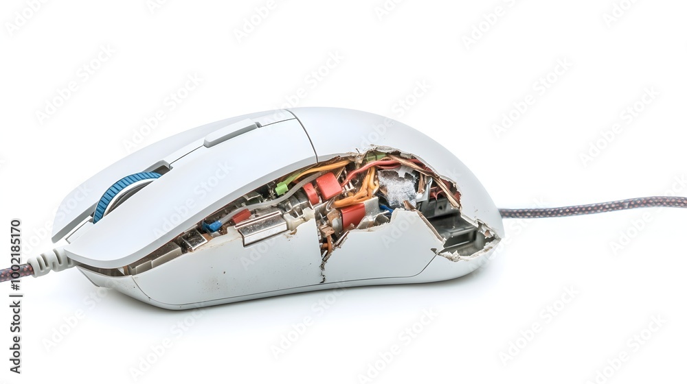 Poster Closeup of a broken computer mouse with exposed wires and jammed buttons isolated on a plain white background  Concept of technology malfunction hardware failure