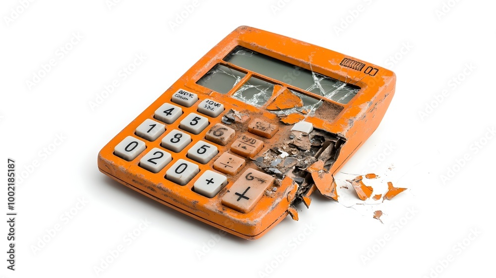 Poster Closeup of a broken damaged calculator with a cracked screen and malfunctioning buttons isolated on a clean white background  Concept of technology failure malfunction or product defect
