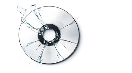 Closeup of a broken compact disc with cracked damaged and fragmented reflective surface isolated on a clean white studio background  The shattered glass like texture creates an abstract