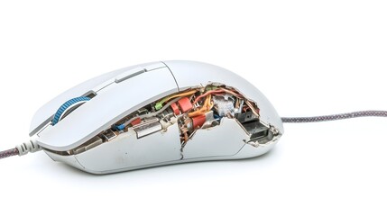 Closeup of a broken computer mouse with exposed wires and jammed buttons isolated on a plain white background  Concept of technology malfunction hardware failure