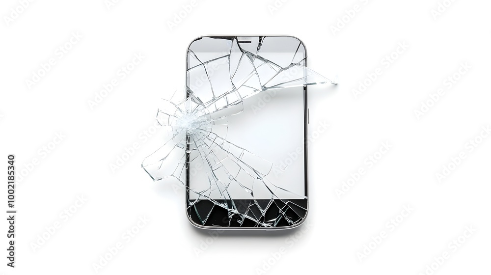 Poster closeup of a cracked and shattered smartphone screen on a clean white background the damaged display