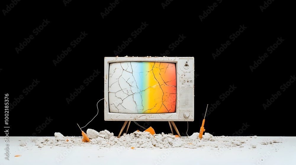 Poster closeup of a cracked unusable television screen with vibrant rainbow colored lines across the damage