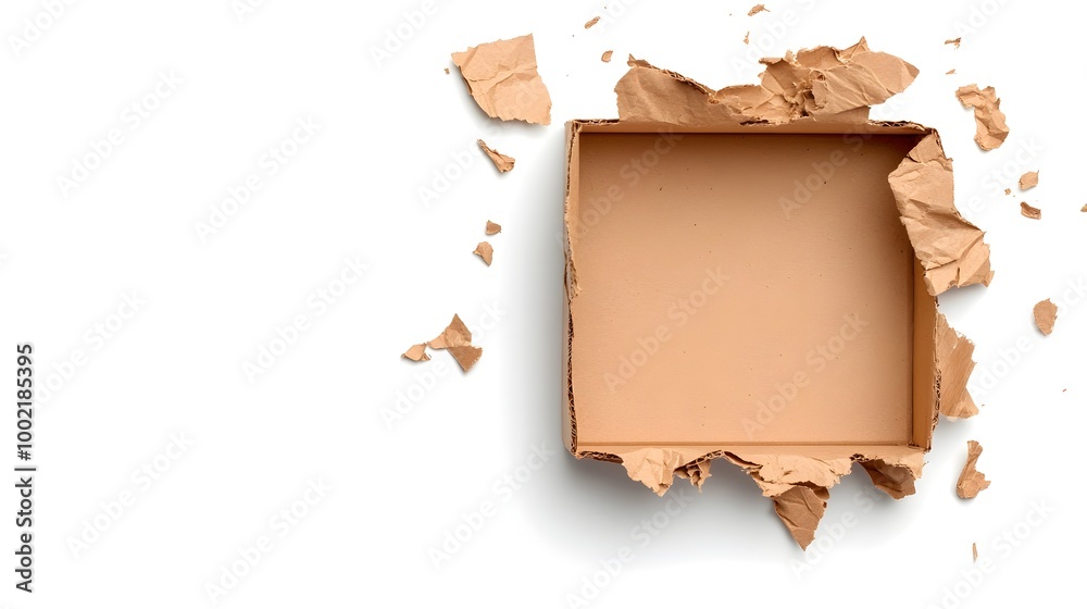 Poster Closeup of a crumpled ripped and weathered cardboard box isolated on a clean white background  The textured surface and distressed appearance creates an abstract minimalist aesthetic