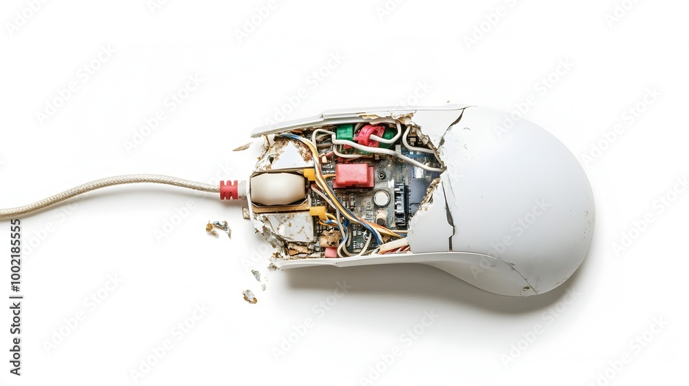 Poster Closeup of a Damaged and Malfunctioning Computer Mouse with Exposed Internal Wiring and Jammed Buttons Isolated on a Plain White Background